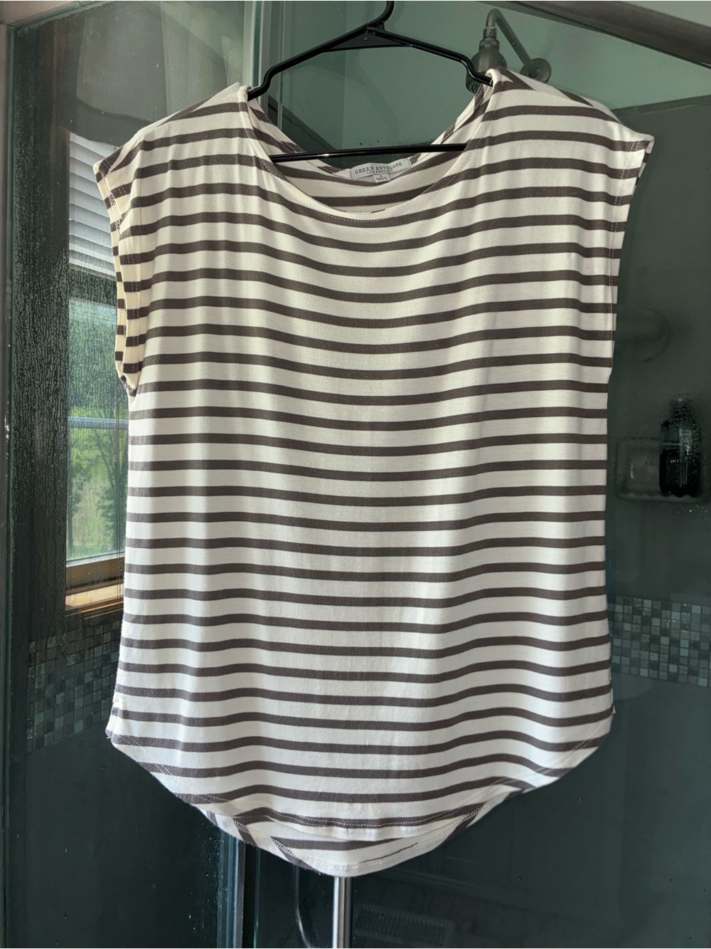 Green Envelope Ivory & Brown Striped Cap-Sleeve Tank